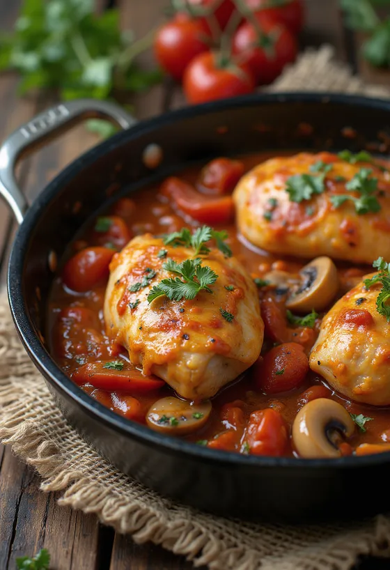 Chicken cacciatore serveret i pande med grøntsager