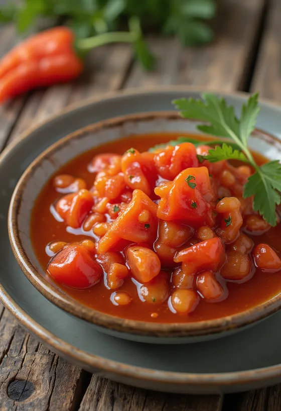 Sød-sur peberfrugtsauce serveret