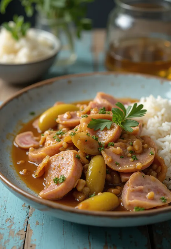 Slagtergryde tilberedt med saftigt svinekød, røget pølse og syltede agurker.