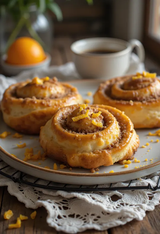 Kanelbulle med appelsinskal, gyldenbrune snegle, med appelsin-kanel fyld