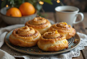 Kanelbulle med appelsinskal, gyldenbrune snegle, med appelsin-kanel fyld