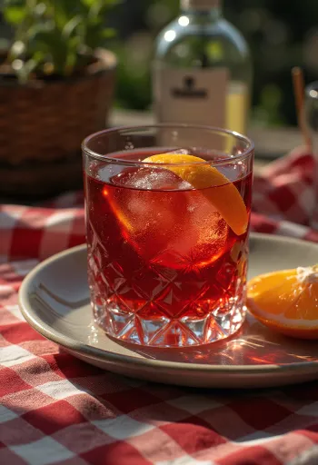 Negroni cocktail pyntet med appelsinskive
