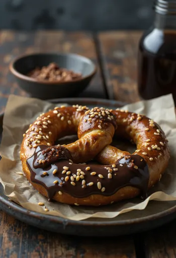 Pretzel dyppet i mørk chokolade serveret på træbræt