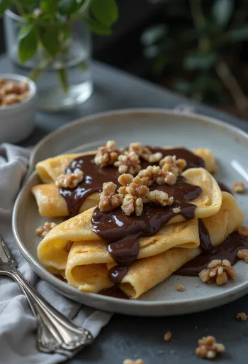Frisklavede Gundel pandekager, fyldt med valnøddecreme, overhældt med chokoladesauce, serveret på en tallerken.