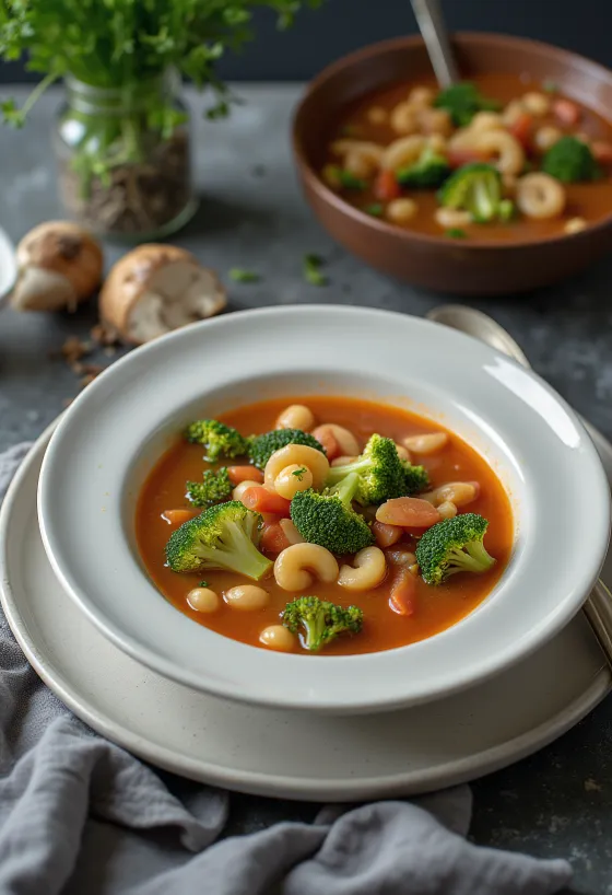 Minestrone suppe med broccoli, gulerødder og pasta, serveret rigt