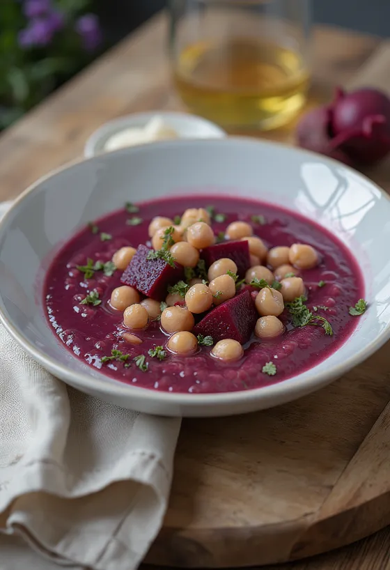 Prebiotisk rødbede- og kikærtesuppe serveret med pink rødbede, hele kikærter og persille