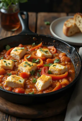 Saganaki med peberfrugt og tomat, fetaost, serveret i frisk grøntsagssauce