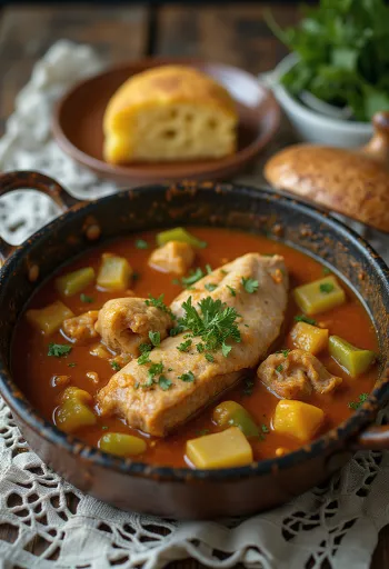 Alligatorhaleragout serveret med frisk brød.