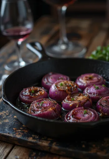 BBQ grillede røgede rødvinsløg serveret