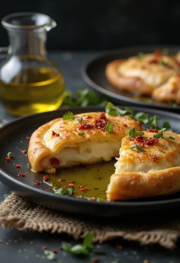 Calzone med krydret olivenolie, gyldenbrun skorpe, fyldt med mozzarella og krydret olivenolie