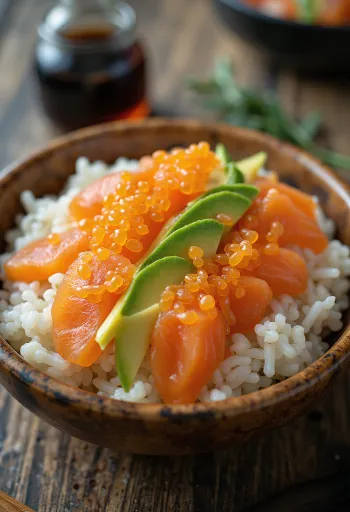 Chirashi med fiskerogn, frisk avocado, agurk og nori-stykker