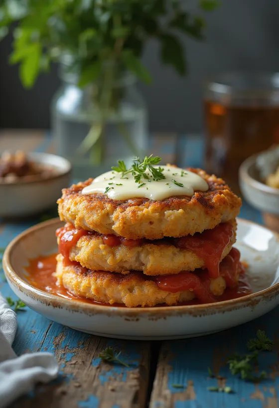 Parmigiana med bagte svampe, serveret med parmesanost og frisk basilikum