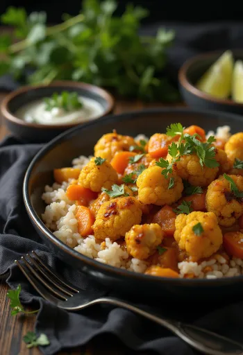 Vegansk blomkålscurry i ovn serveret