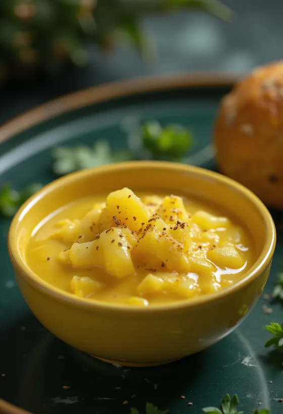 Ananas-curry-sennepssauce serveret