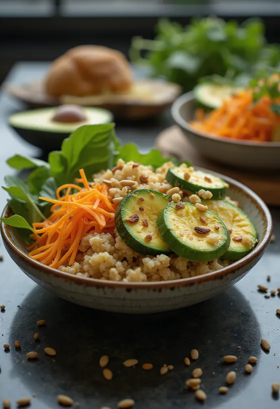 Buddha bowl med avocado og squash serveret