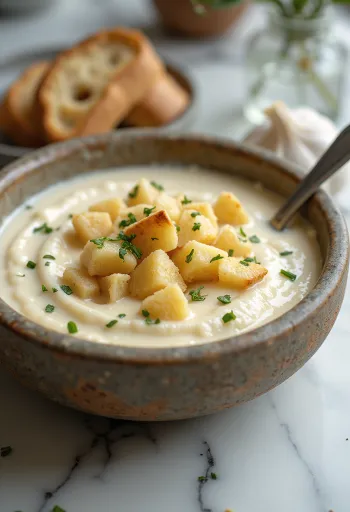 Cremet hvidløgssuppe med ristede brødterninger og frisk persille.
