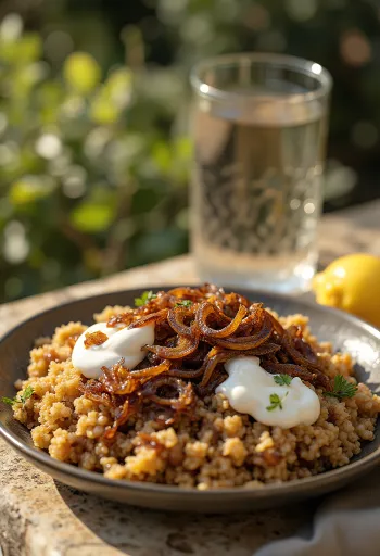 Mujaddara med yoghurt, serveret med ristede løg