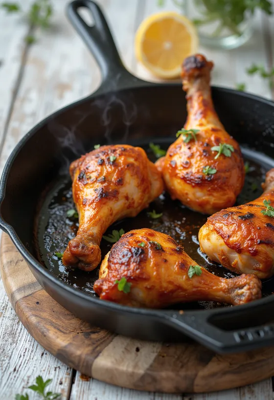 Pikant krydrede stegte kyllingelår serveret med friske grøntsager.