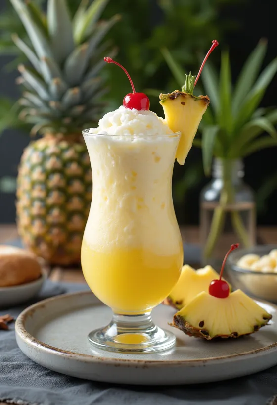 Piña Colada pyntet med frisk ananas og cocktailbær
