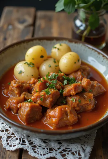 Fåregryde serveret med frisk brød og syltede agurker