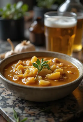 Hvidløgs-rosmarin-ølsauce serveret