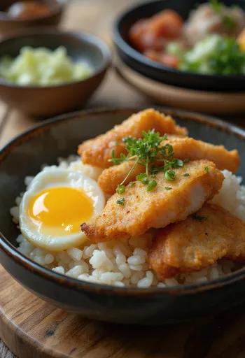Katsu Donburi serveret med sprødt paneret svinekød og æggesauce
