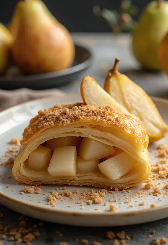 Pærestrudel serveret