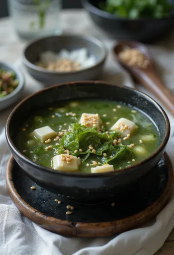 Miso-baseret miyeokguk, serveret med tang og tofu