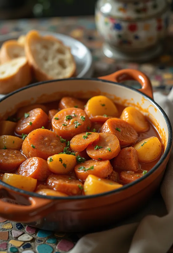 Paprikakartofler med saftige kartoffelstykker, røget pølse og drysset med frisk persille