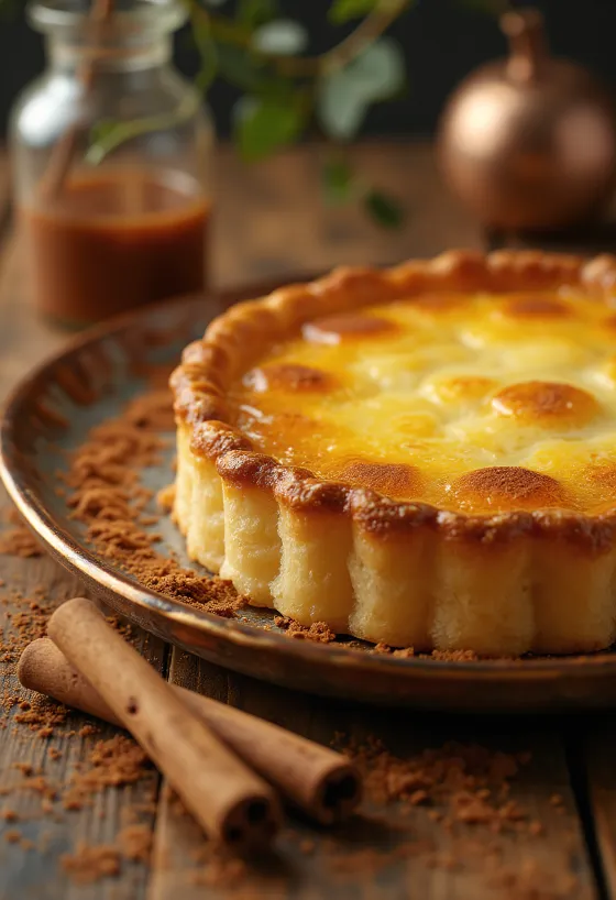 Portugisisk pastel de nata-kage med gyldenbrun top og fyldt med vaniljecreme