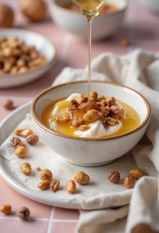 Probiotisk hasselnøddeyoghurt serveret med ristede hasselnødder og honning