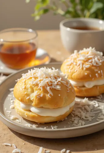 Semla med kokoscreme, drysset med flormelis, serveret i en gyldenbrun bolle