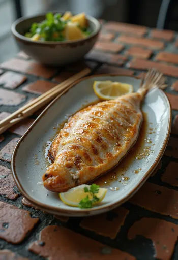 Shioyaki rødspætte på en hvid tallerken, serveret med citron og koriander