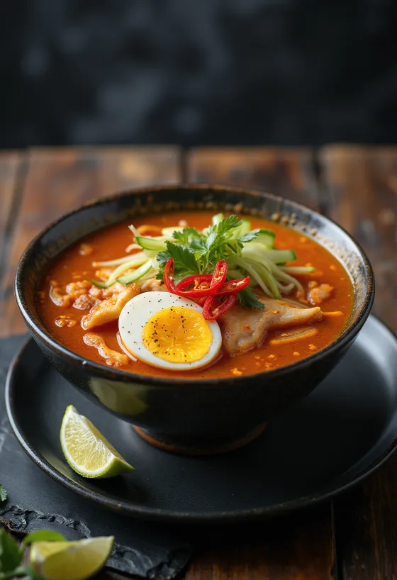 Asam laksa, mørk fiskesuppe med nudler og friske grøntsager