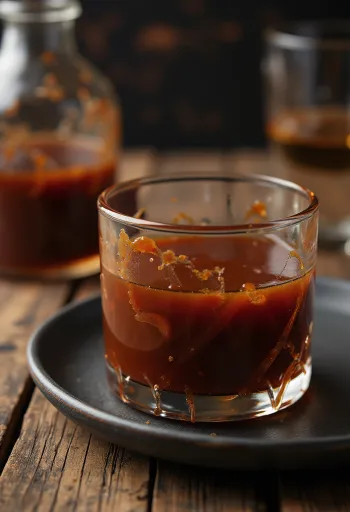 Barbecuesauce med bourbon whiskey i en skål, med friske krydderier og grillkød i baggrunden.