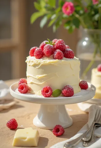 Hvid chokoladekage serveret