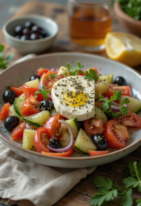 Frisk græsk salat med fetaost, oliven og saftige tomater