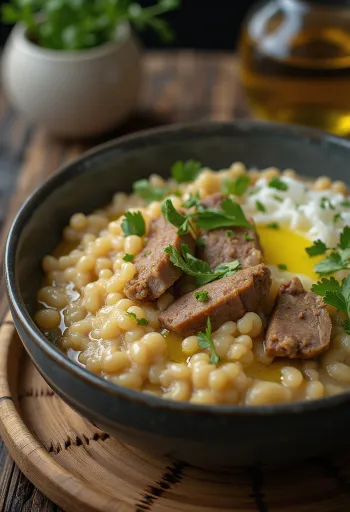 Harees med lammekød, rig krydret suppe, serveret med frisk koriander