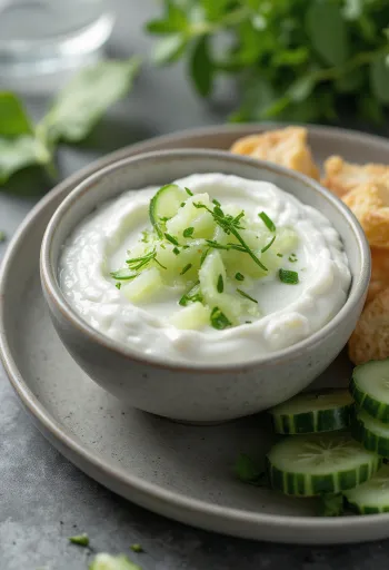 Yoghurt-agurkesauce serveret med friske grøntsager