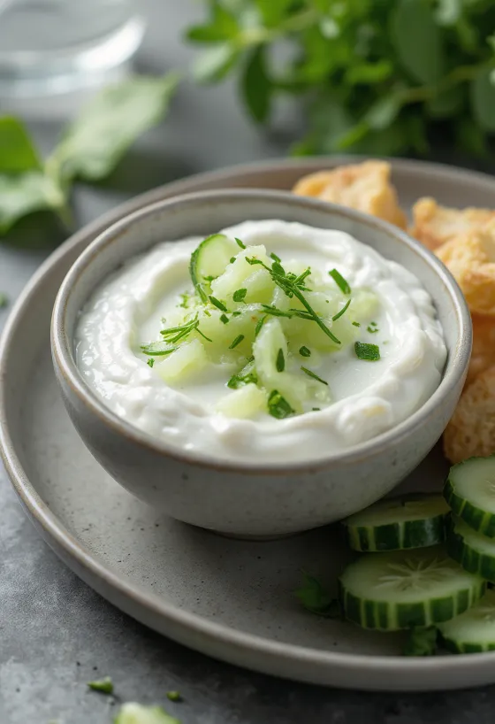 Yoghurt-agurkesauce serveret med friske grøntsager