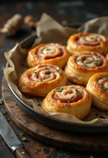 Friskbagte pizzasnegle fyldt med smeltet ost og tomatsauce, serveret på en tallerken.