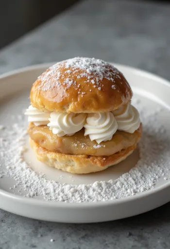 Semla med marcipan, flødeskumskage drysset med flormelis i rustik servering