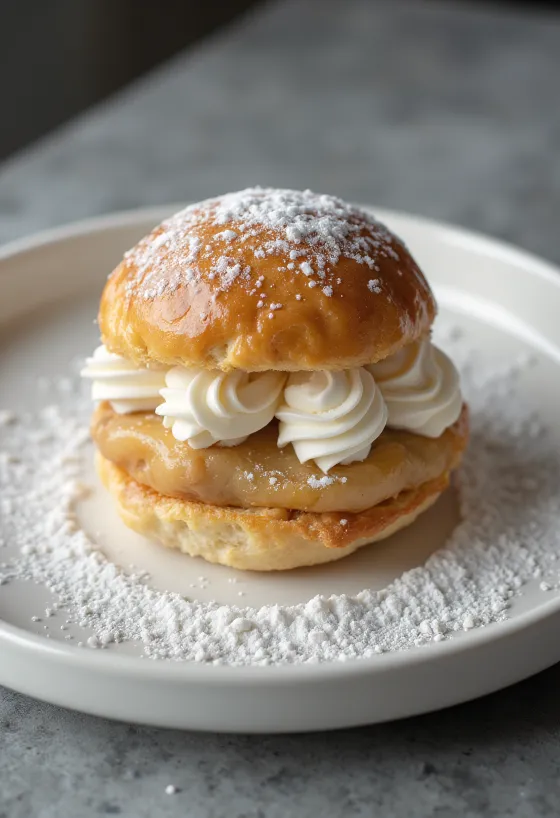 Semla med marcipan, flødeskumskage drysset med flormelis i rustik servering
