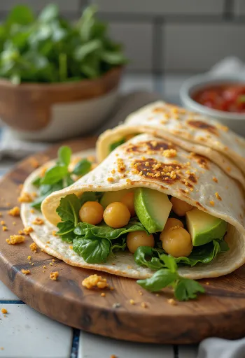 Spinatwrap med kikærter, avocado og friske grøntsager serveret
