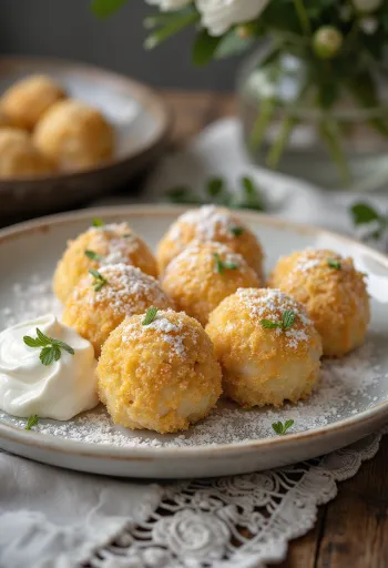 Blød hytteostknødle drysset med sød creme fraiche og ristet rasp.