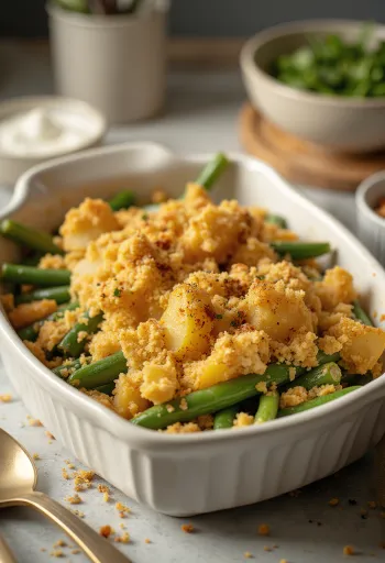 Vegansk grønne bønner i fad med kartofler serveret