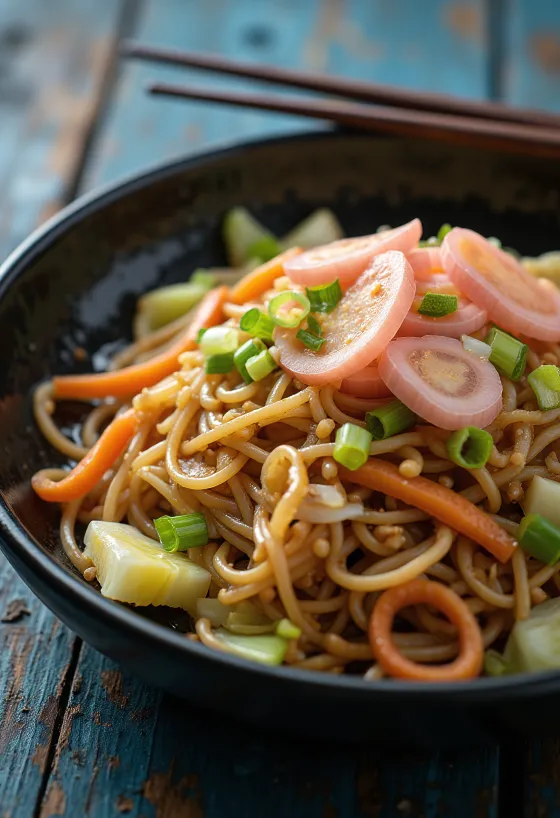 Yakisoba med grøntsager, stegte nudler serveret med farverige grøntsager