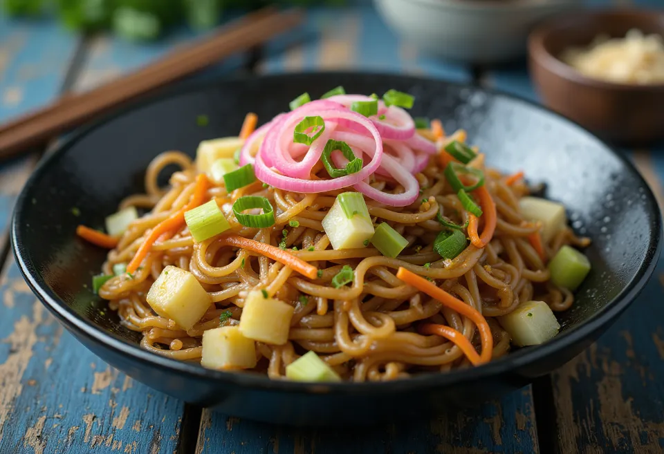 Yakisoba med grøntsager, stegte nudler serveret med farverige grøntsager