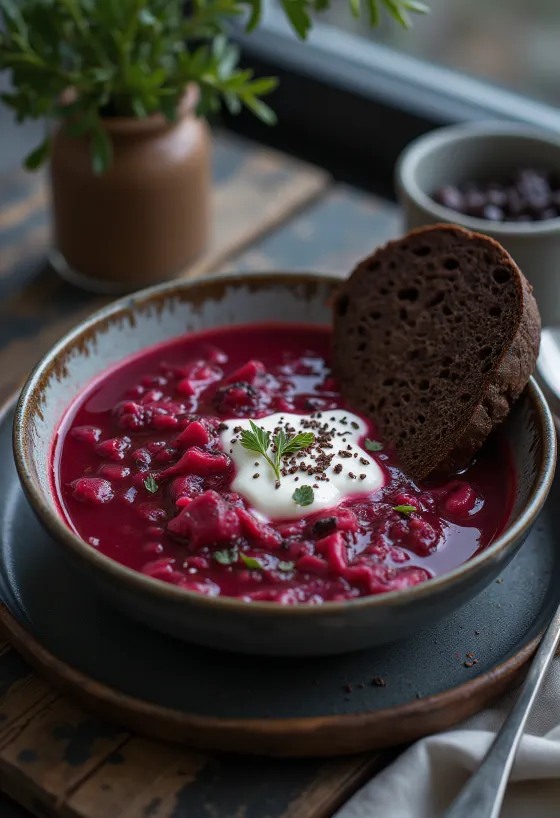 Traditionel borsch suppe serveret med rødbede, gulerod og creme fraiche.