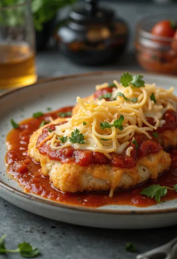 Chicken parmigiana serveret med pasta og frisk basilikum